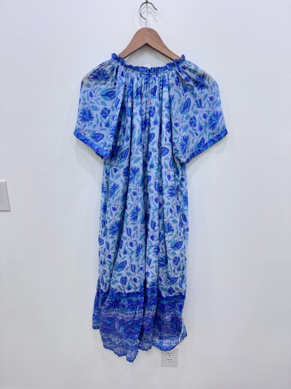 Bella Tu Shirtdress block print ruffle blue purple Sz LG no belt - Picture 5 of 6